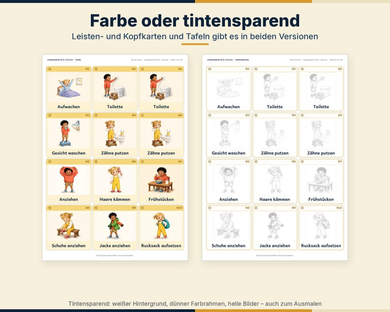 Peut inclure: Deux ensembles de cartes rectangulaires illustrant des routines quotidiennes. L'ensemble de gauche pr&eacute;sente des images en couleur, tandis que celui de droite montre des dessins au trait identiques. Chaque carte comporte des &eacute;tiquettes en allemand.