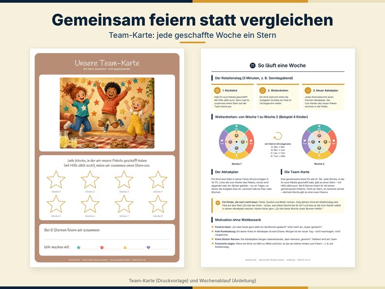 May include: A two-page printable team chart and instruction guide titled Gemeinsam feiern statt vergleichen. The left page features an illustration of three children jumping, eight star outlines for tracking progress, and a section for rewards.
