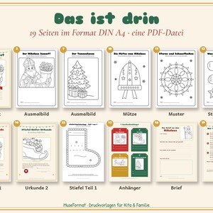 以下が含まれることがあります： クリスマスをテーマにした塗り絵やアクティビティシートを含む、A4サイズの印刷可能な19ページのデジタルPDFファイル。聖ニコラウス、クリスマスツリー、ブーツ、星、雪の結晶のイラストとテキストが記載されています。