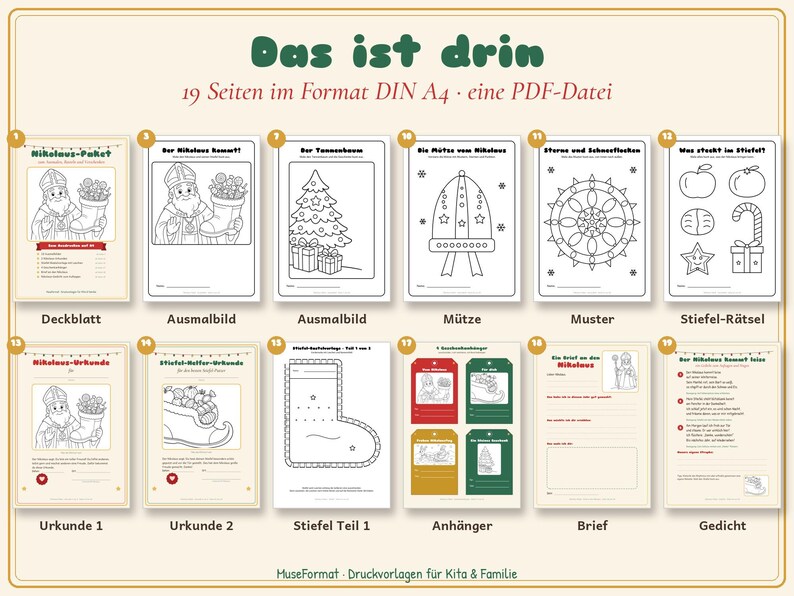 以下が含まれることがあります： クリスマスをテーマにした塗り絵やアクティビティシートを含む、A4サイズの印刷可能な19ページのデジタルPDFファイル。聖ニコラウス、クリスマスツリー、ブーツ、星、雪の結晶のイラストとテキストが記載されています。
