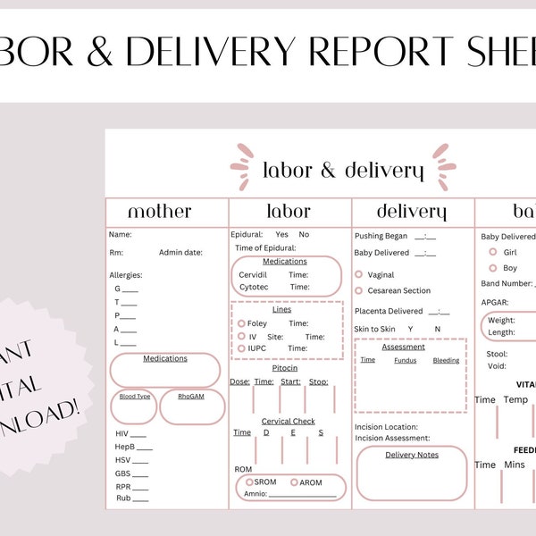 Labor and Delivery Report Sheet / Nursing Report Sheet / L&D Report Sheet / Labor Documentation / Mother-Baby Report Sheet