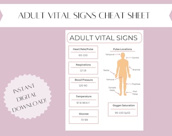Vital Signs Cheat Sheet / Adult Vital Signs / New Grad Nurse Cheat Sheet / Nursing Vital Signs / Nursing School Documents