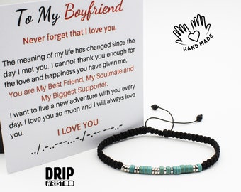 I Love You Morse-Code Armband: Onyx & Türkis Perlen, Geschenk für Freund