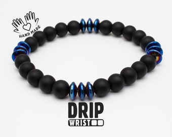 Men's Matte Black Onyx & Blue Hematite Beaded Bracelet