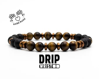 Tiger's Eye & Matte Black Onyx Bracelet: Men's Gemstone Stretch Bracelet