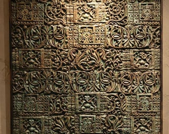 Large Carved Wood Wall Panel | Distressed Green Floral Art | Boho Rustic Wood Sculpture | Vintage Wall Decor Gift
