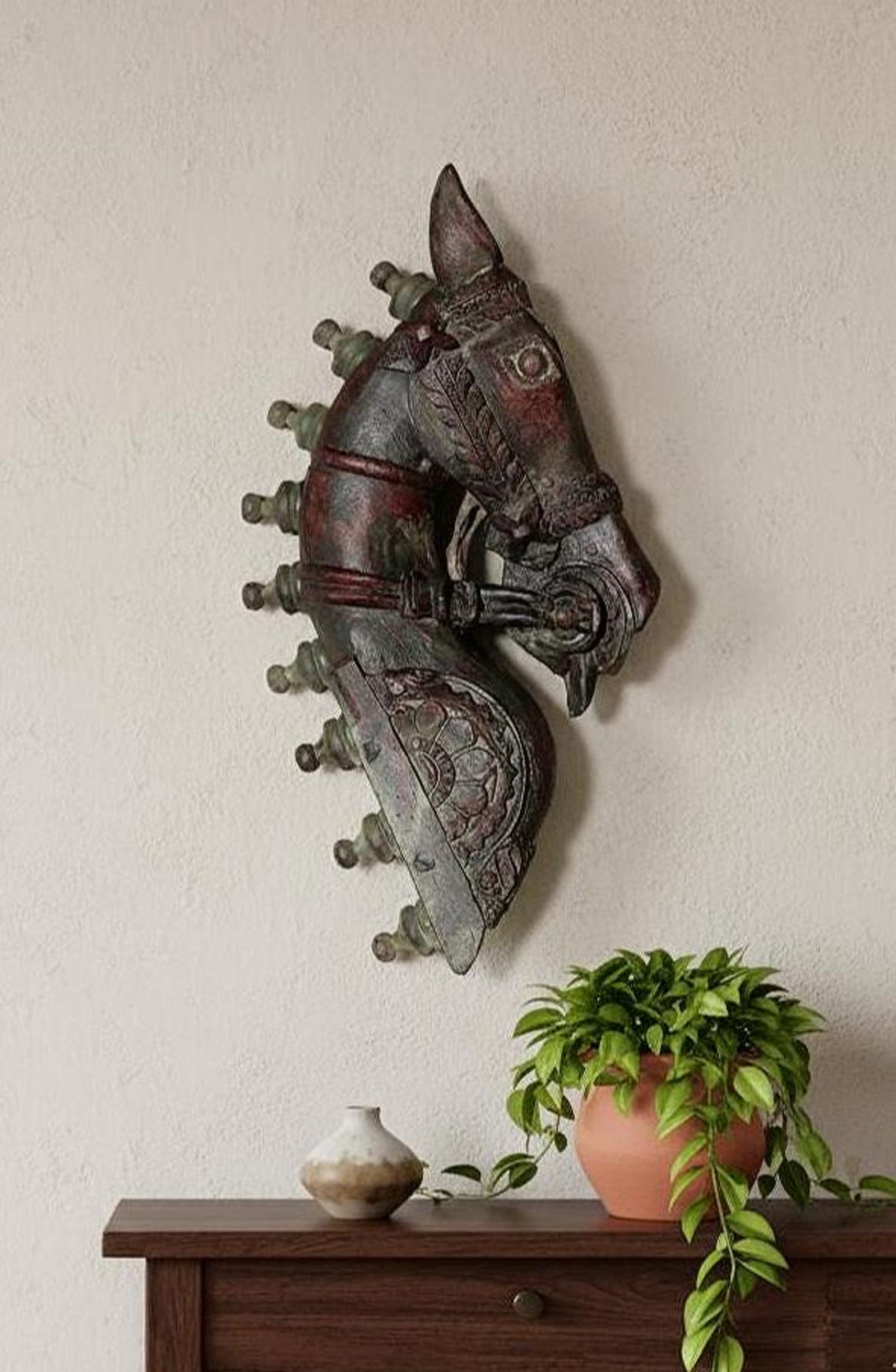 Hand Carved Wooden Horse Head Wall Decor | Antique Indian Folk Art ...