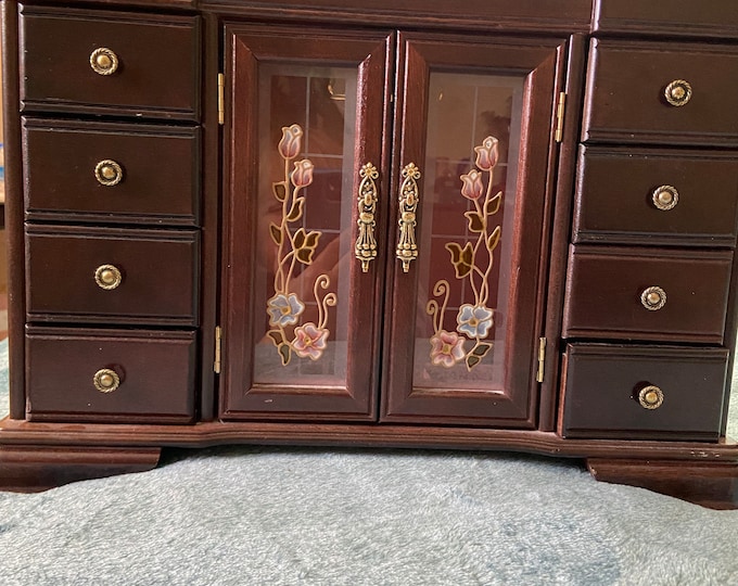 Vintage Jewelry Box Armoire Etched Glass Door for Tabletop 13.8 Etsy