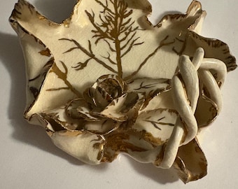 Vintage Porcelain Maple Leaf Trinket Dish w/Gold Trim and Rose Accent