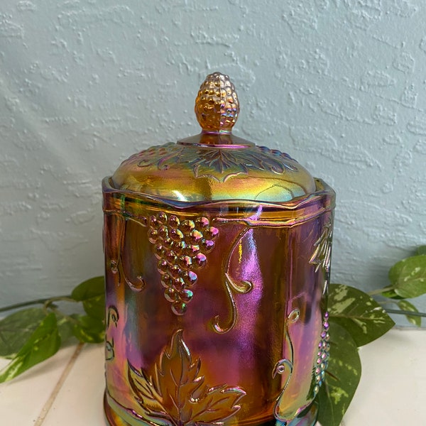 Indiana Carnival Marigold Glass Harvest Grape Container Jar w/Lid 7.5"H