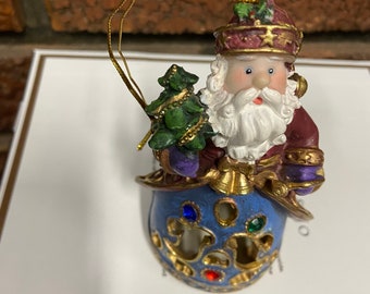 Vintage Santa Blue, Burgundy Christmas Tree Ornament 4.5"