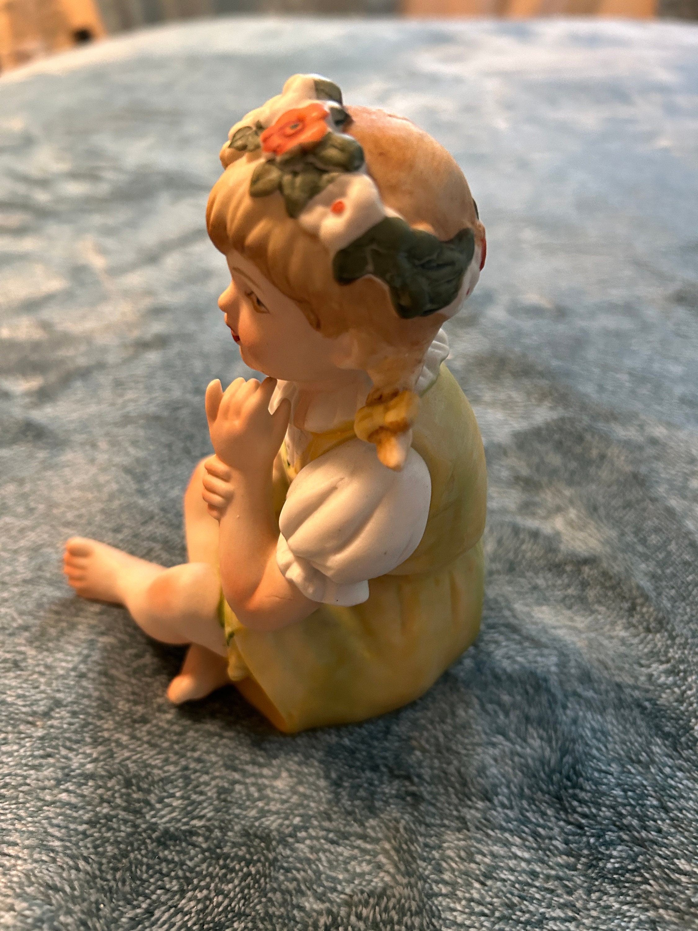 Vintage Bisque Porcelain Figurine Barefoot Girl Yellow Dress