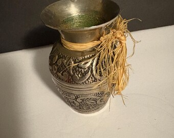Vintage Silver-Plated Metal Mini 3" Vase w/Floral Engravings