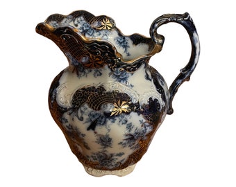 Large Grimwade's Flanders pattern flow-blue pitcher in excellent condition 1900-1906