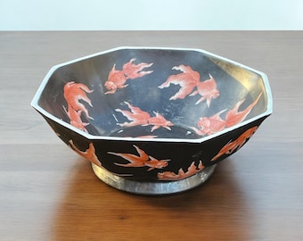 Vintage Chinese hand-painted footed octagonal serving bowl featuring a goldfish design