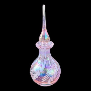 Iridescent pink art glass feathered perfume bottle with stopper possibly Silvestri 1980s