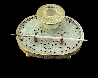 Antique Chinese carved Jade and gilded bronze inkwell and pen in aesthetic movement style