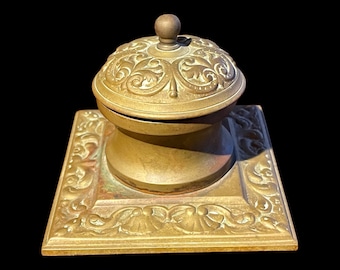 Gorgeous Victorian brass inkwell c. 1870 with milk glass insert and beautiful patina