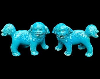 Pair of small vintage Chinese porcelain foo dogs with turquoise glaze