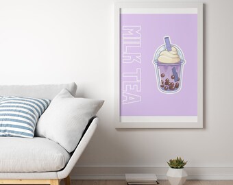 Purple Milk Boba Tea Arte de pared imprimible digital para decoración del hogar