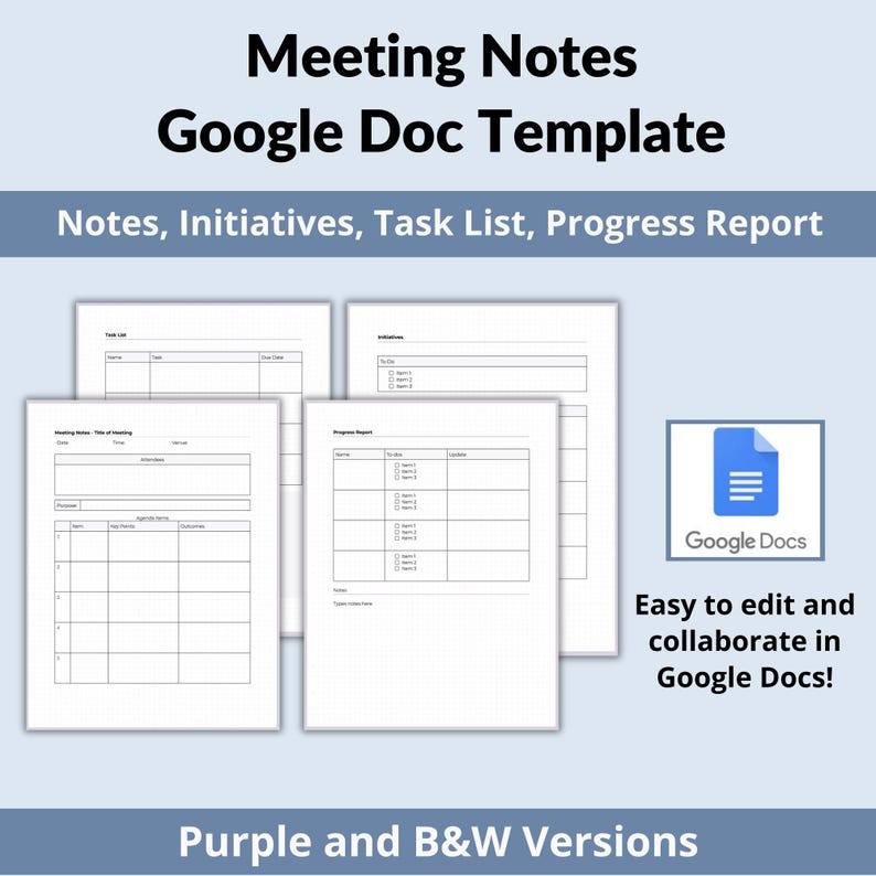 Meeting Notes Template - Notes, Initiatives, Task List, Progress Report ...