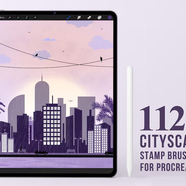 112 Cityscape procreate stamp brushes,City Skyline, City Skyline Brush, Cityscapes Procreate, Skyscrape Procreate, Procreate Landscape