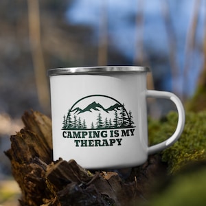 Camping mug, camping is my therapy mug, white Emnamel Mug, gift for campers and backpackers, adventure camping trail mug, nature lovers mug