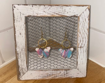 Polymer clay pink blue white marble butterfly earrings