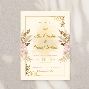 WEDDING INVITATION CARD - Golden Floral Wedding Invitation, Editable Wedding Invitation Template, Digital Invitation Template, Invite Cards