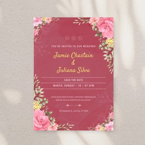 CARTE D'INVITATION MINIMALISTE - cartes de mariage roses et jaunes, modèle modifiable de faire-part de mariage, modèle d'invitation numérique, cartes d'invitation