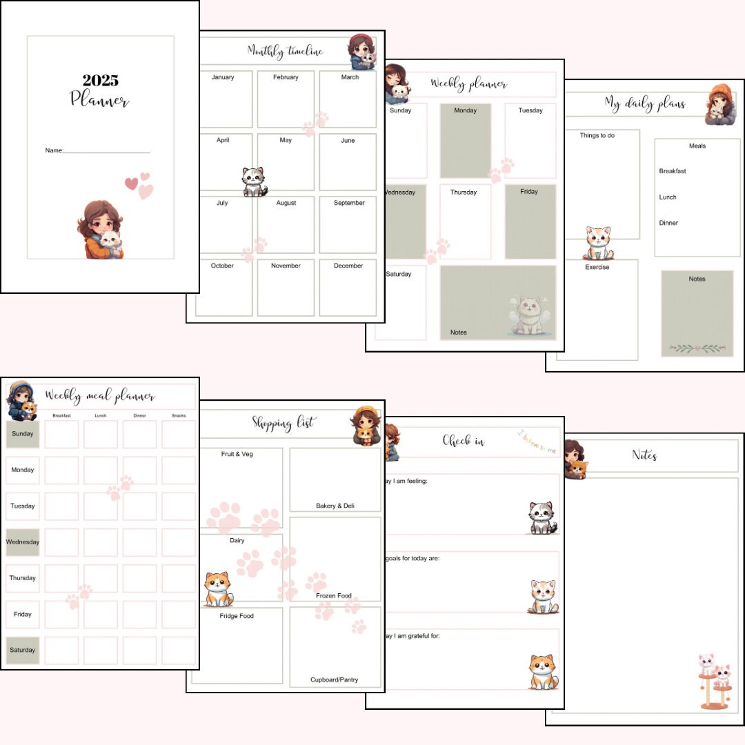 Digital 2025 Planner Cute Cat Planner A4 Planner Journal Planner