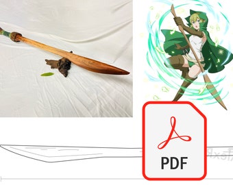 May include: A wooden spear with a green and brown handle. The spear is lying on a white surface. A line drawing of the spear is shown below. A PDF icon is in the lower right corner of the image.