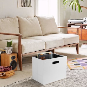 May include: White foldable storage box with a black handle. The box is filled with magazines and is sitting on a rug in front of a white couch.