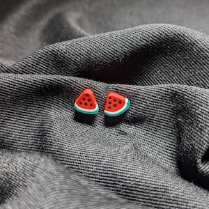 Op de afbeelding: Een paar oorbellen in de vorm van watermeloenplakjes. De oorbellen zijn rood met zwarte pitten en een groene schil.