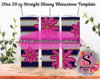 May include: Three 20 oz straight skinny tumblers with a rhinestone design. The design features a pattern of pink, white, and gold dots on a navy blue background. The text "PDF file is NOT sized to sublimate" is visible.