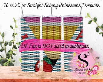May include: Three 20 ounce straight skinny stainless steel tumblers with a rhinestone design featuring a pencil, apple, and stripes in pink, yellow, red, white, and blue. The text "PDF File is NOT sized to sublimate." is on a pink background. The text "Shimmer and Sass by Sue" is on a pink background with a pink flower design.