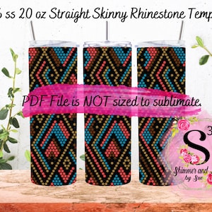 Puede incluir: Tres vasos rectos delgados de 20 onzas con un patrón geométrico de negro, dorado, coral y turquesa. Los vasos están sobre una superficie de madera. El texto "PDF File is NOT sized to sublimate." está sobre un fondo rosa. El texto "Shimmer and Sass by Sue" está sobre un fondo rosa con un diseño floral.