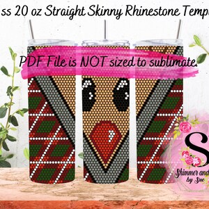 May include: Three 20 oz straight skinny tumblers with a rhinestone design. The design features a geometric pattern in red, green, gray, and white. The tumblers have a stainless steel straw and lid. Text on the image reads "PDF File is NOT sized to sublimate."