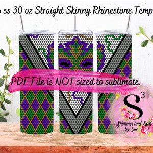 May include: A digital template for a 30 ounce straight skinny tumbler with a purple, green, gold, and gray geometric pattern. The text "PDF File is NOT sized to sublimate." is on the image. The text "Shimmer and Sass by Sue" is also on the image.