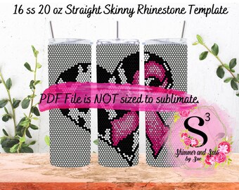May include: Three straight skinny tumblers with a rhinestone design. The design features a black and pink heart shape on a gray background. The text "PDF File is NOT sized to sublimate" is across the center.