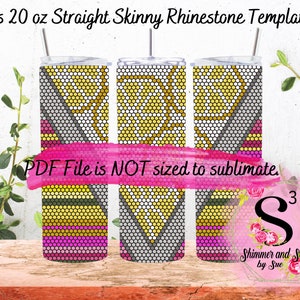May include: Three straight skinny tumblers with a rhinestone design. The design features yellow, grey, pink, and white dot patterns. The text "PDF File is NOT sized to sublimate" is across the centre. The tumblers are 567 ml.