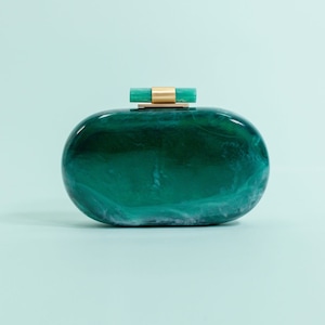 Ethereal Capsule Evening Clutch Emerald Green Modern Acrylic Clutch with Brass Details for Weddings & Events Elegant Gift for Her image 1