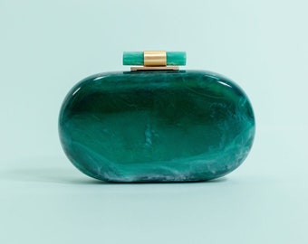 Ethereal Capsule Evening Clutch - Emerald Green | Modern Acrylic Clutch with Brass Details for Weddings & Events | Elegant Gift for Her