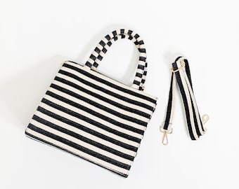 Navy Blue Stripe Box Crossbody Bag with Belt | Handmade Canvas and Leather Purse | Versatile Small Leather Crossbody & Shoulder Bag