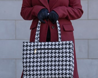 Handmade Tote Bag with Zipper - Black Checker Chic