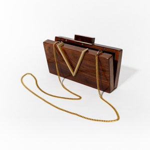 Classic V Wooden Clutch with Chain Elegant Clutch with Brass Detailing Versatile Evening Bag for Weddings & Galas Unique Gift for Her image 3