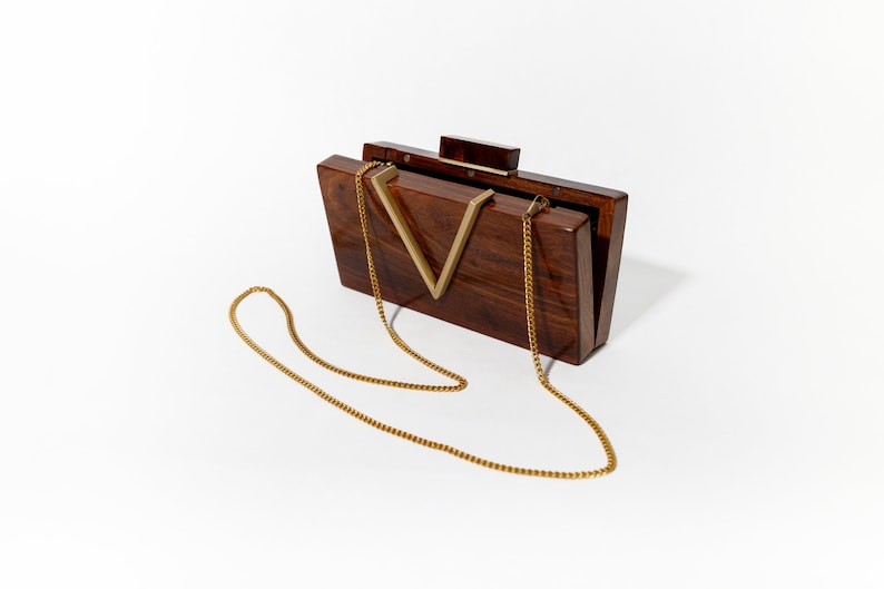 Classic V Wooden Clutch with Chain Elegant Clutch with Brass Detailing Versatile Evening Bag for Weddings & Galas Unique Gift for Her image 3