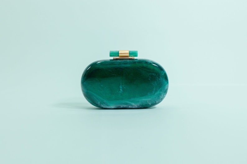 Ethereal Capsule Evening Clutch Emerald Green Modern Acrylic Clutch with Brass Details for Weddings & Events Elegant Gift for Her image 1