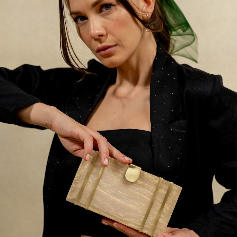 Golden Opulent Evening Clutch Handcrafted Resin Clutch with Brass Details Perfect Wedding & Cocktail Accessory Luxury Gift for Her image 1