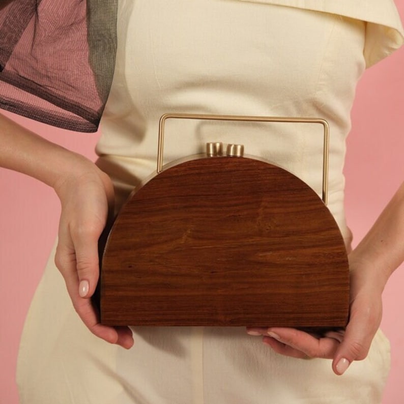 Handcrafted Wooden Semi Circ Evening Clutch with Chain Strap Modern Arc Design Clutch Unique Wedding and Evening Purse Gift for Her image 1